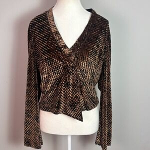 A WIld Thyme  Y2K Womens Asymmetric Brown Velvet Flare Sleeve Top sz 10 boho
